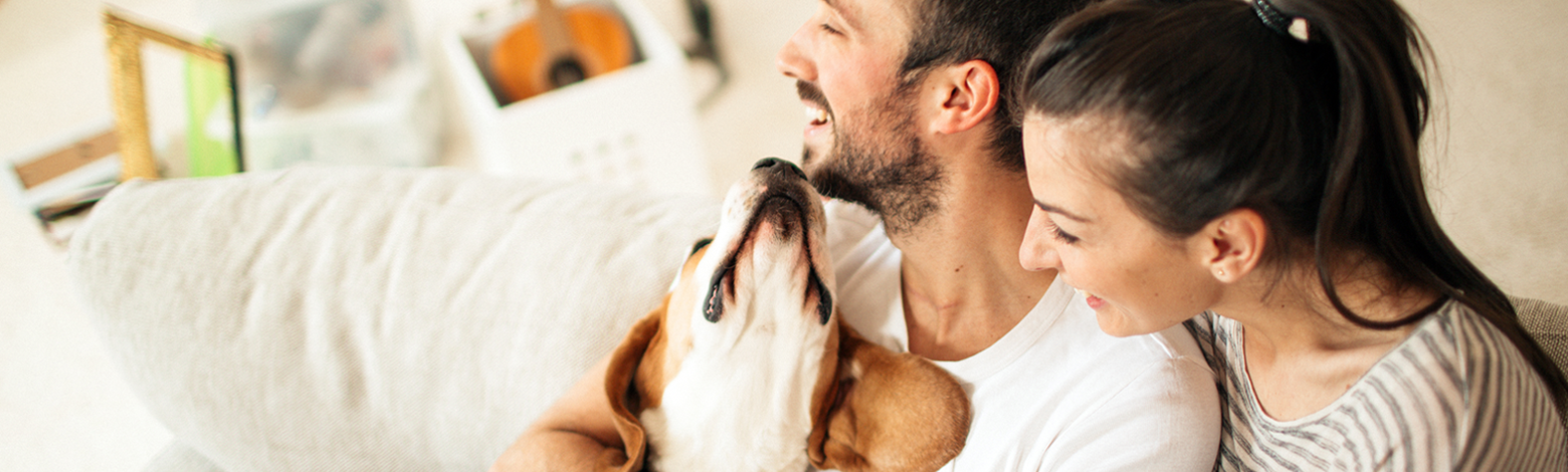 Happy couple with a new mortgage sitting on a couch with their dog